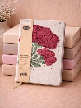 Denik Embroidered Floral Notebook Red & Green 5.75” X 8.25” 140 Lined Pages NEW